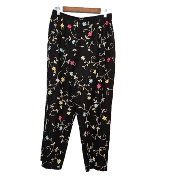 TALBOTS High Rise Irish Linen Floral Embroidered Black Ankle Pants 10P - Picture 1 of 10
